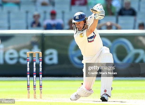 David Hussey of Victoria bats during day four of the Sheffield Shield Final between the Victorian Bushrangers and the Queensland Bulls at the...