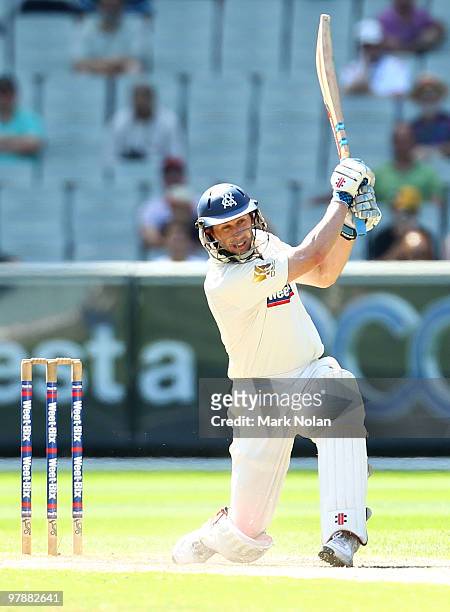 David Hussey of Victoria bats during day four of the Sheffield Shield Final between the Victorian Bushrangers and the Queensland Bulls at the...
