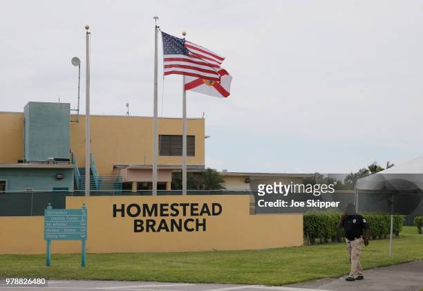 The front gate of the Homestead Temporary Shelter For Unaccompanied Children is shown on June 19, 2018 in Homestead, Florida. The Trump...