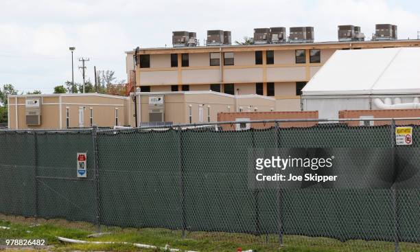 Buildings and air conditioned tents are shown in the Homestead Temporary Shelter For Unaccompanied Children on June 19, 2018 in Homestead, Florida....