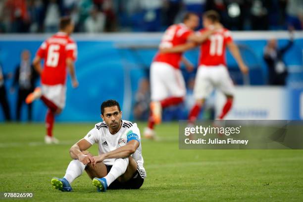 Ahmed Fathi of Egypt looks dejected after scoring an own goal during the 2018 FIFA World Cup Russia group A match between Russia and Egypt at Saint...