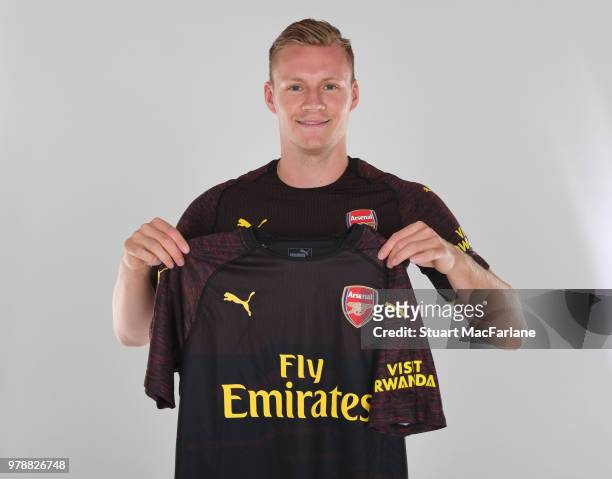 Arsenal unveil new signing Bernd Leno at London Colney on June 19, 2018 in St Albans, England.
