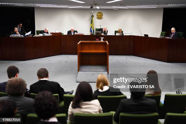 Brazilian Supreme Court judges attend the trial of senator and Workers' Party president Gleisi Hoffmann for corruption and money laundering, at the...