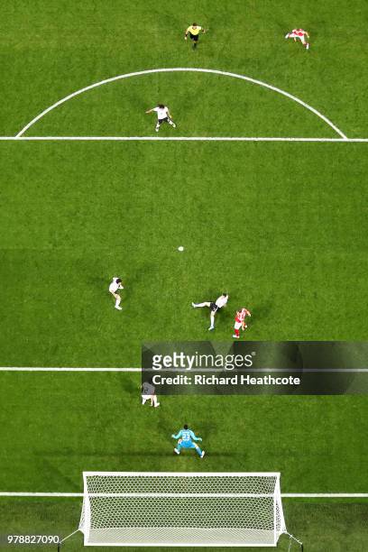 Ahmed Fathi of Egypt scores an own goal past Mohamed Elshenawy of Egypt, scoring Russia's first goal during the 2018 FIFA World Cup Russia group A...