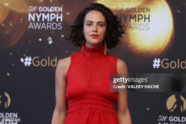 English actress Jessica Brown Findlay poses during the closing ceremony of the 58th Monte-Carlo Television Festival in Monaco on June 19, 2018.