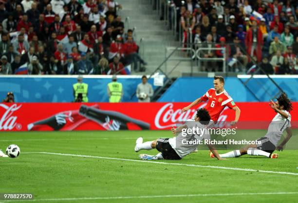 Denis Cheryshev of Russia scores his team's second goal during the 2018 FIFA World Cup Russia group A match between Russia and Egypt at Saint...