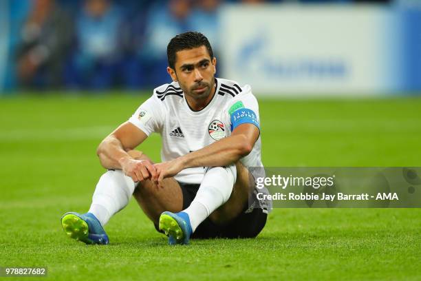 Ahmed Fathi of Egypt looks dejected after scoring an own goal during the 2018 FIFA World Cup Russia group A match between Russia and Egypt at Saint...