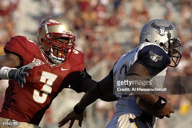 Florida State freshman safety Myron Rolle chases Rice quarterback Joel Armstrong September 23, 2006 at Doak Campbell Stadium in Tallahassee. The...