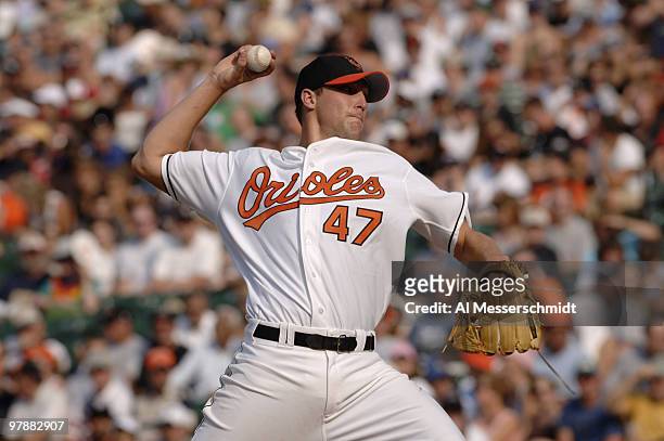 Baltimore Orioles rookie James Johnson pitches in his first major league start against the Chicago White Sox on July 29, 2006 in Baltimore. The Sox...