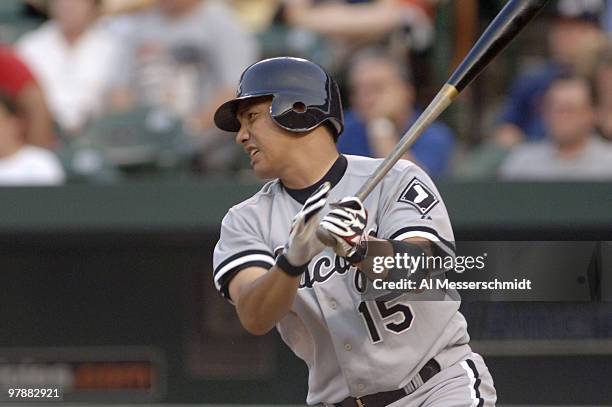 Chicago White Sox second baseman Tadahito Iguchi bats against the Baltimore Orioles July 29, 2006 in Baltimore. The Sox grabbed an early 10 - 4 lead...