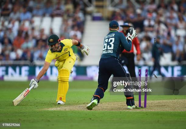 Marcus Stoinis of Australia is run out by Jonny Bairstow of England during the 3rd Royal London ODI match between England and Australia at Trent...