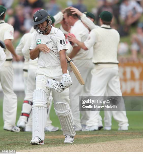 Ross Taylor of New Zealand walks from the field after being caught out during day two of the First Test match between New Zealand and Australia at...