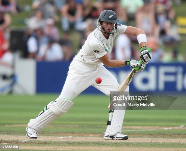 Martin Guptill of New Zealand bats during day two of the First Test match between New Zealand and Australia at Westpac Stadium on March 20, 2010 in...