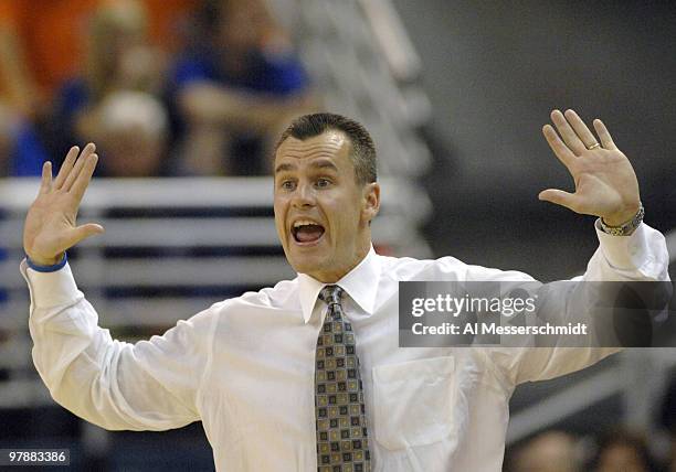 Florida coach Billy Donovan directs play during a game between the University of Florida and Samford on November 10, 2006 in Gainesville Florida....