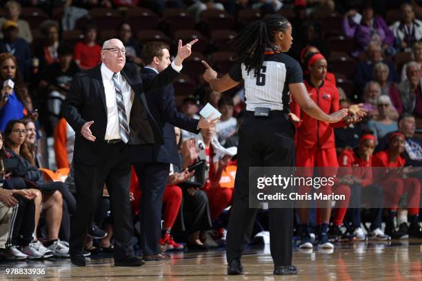 Head Coach Mike Thibault of the Washington Mystics reacts during a WNBA game on June 13, 2018 at the Mohegan Sun Arena in Uncasville, Connecticut....