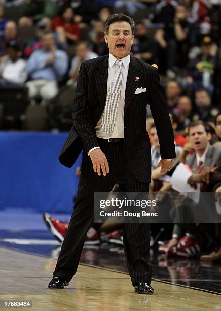 Head coach Rick Pitino of the Louisville Cardinals reacts to being called for a technical foul in the second half against the California Golden Bears...