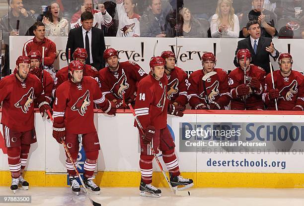 Head coach Dave Tippett of the Phoenix Coyotes reacts during the NHL game against the Vancouver Canucks at Jobing.com Arena on March 10, 2010 in...