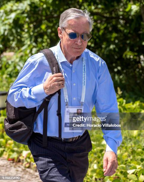 Christian Noyer, Honorary Governor Banque de France, leaves at the end of the first discussion session of the ECB Forum on Central Banking, on June...