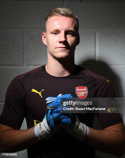 Arsenal unveil new signing Bernd Leno at London Colney on June 19, 2018 in St Albans, England.