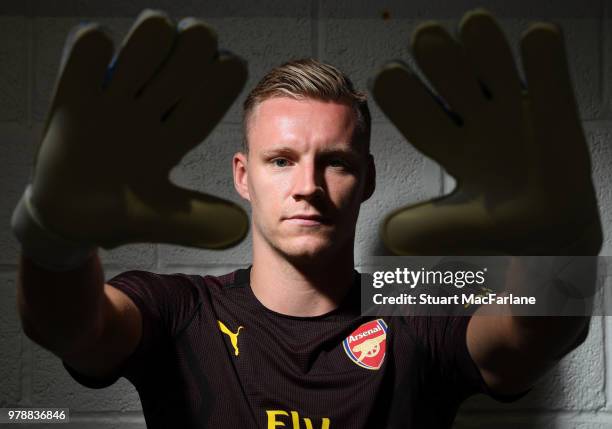 Arsenal unveil new signing Bernd Leno at London Colney on June 19, 2018 in St Albans, England.