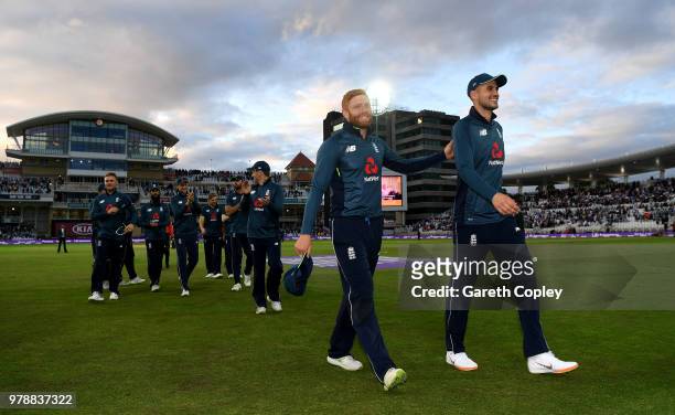 Jonathan Bairstow and Alex Hales of England lead their team from the field after winning the 3rd Royal London ODI match between England and Australia...