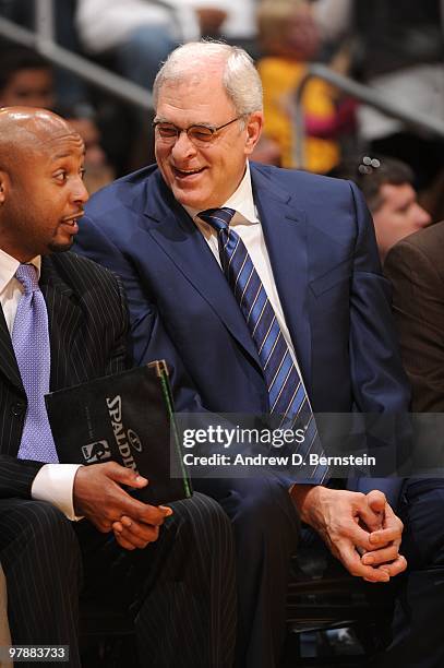 Head Coach Phil Jackson of the Los Angeles Lakers smiles from the bench during a game against the Minnesota Timberwolves at Staples Center on March...