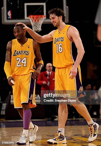 Kobe Bryant and Pau Gasol of the Los Angeles Lakers celebrate during the game with the Minnesota Timberwolves on March 19, 2010 at Staples Center in...