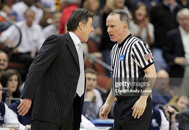 Rick Pitino the Head Coach of the Louisville Cardinals yells at a game offical following his being assesed a technical foul in the game against the...