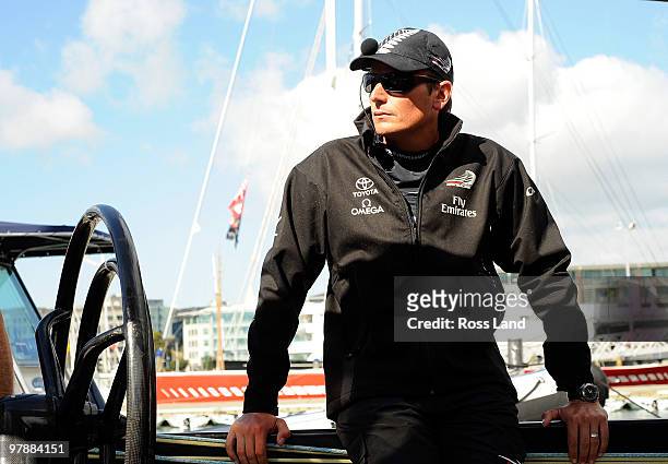 Emirates Team New Zealand skipper Dean Barke prepares to leave the dock during the Louis Vuitton Trophy at Waitemata Harbour on March 20, 2010 in...