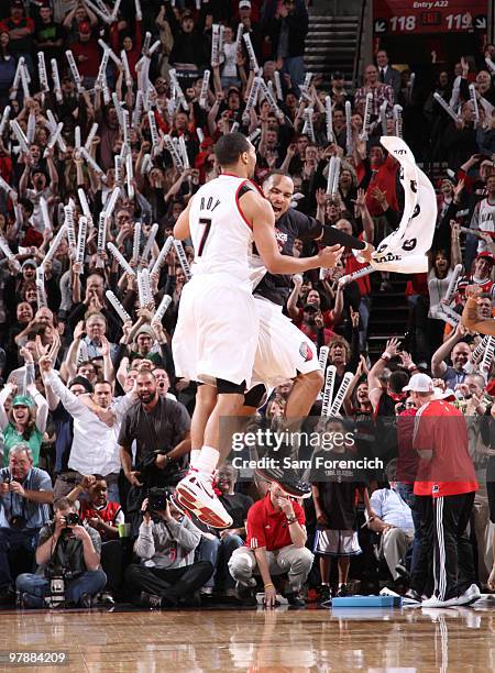 Brandon Roy and Jerryd Bayless of the Portland Trail Blazers celebrate the winning shot during a game against the Washington Wizards on March 19,...