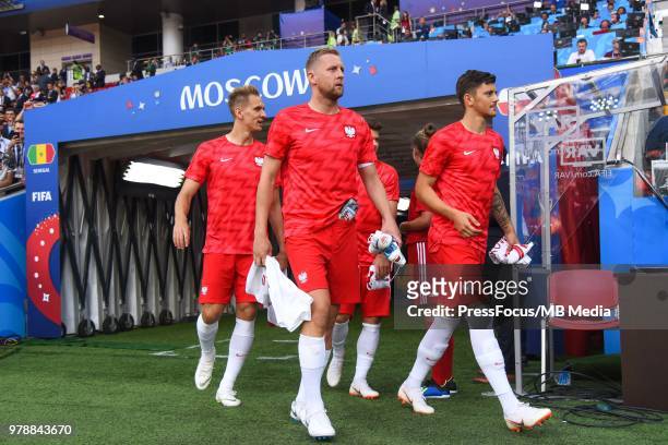 Lukasz Teodorczyk, Kamil Glik and Dawid Kownacki of Poland during the 2018 FIFA World Cup Russia group H match between Poland and Senegal at Spartak...