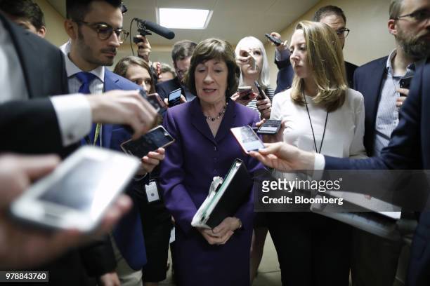 Senator Susan Collins, a Republican from Maine, speaks to members of the media ahead of a Senate weekly luncheon meeting at the U.S. Capitol in...