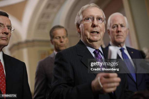 Senate Majority Leader Mitch McConnell, a Republican from Kentucky, speaks during a news conference following a Senate weekly luncheon meeting at the...