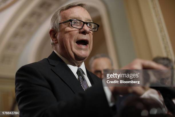 Senator Dick Durbin, a Democrat from Illinois, speaks during a news conference following a Senate weekly luncheon meeting at the U.S. Capitol in...