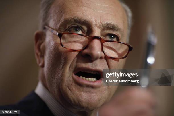 Senate Minority Leader Chuck Schumer, a Democrat from New York, speaks during a news conference following a Senate weekly luncheon meeting at the...