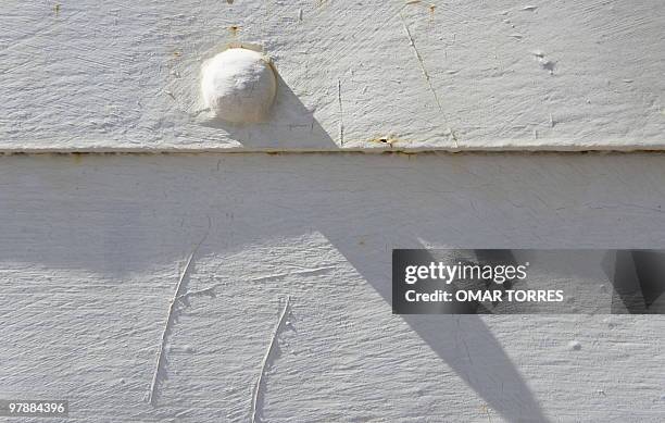 Picture of a rivet, similar to the ones in the Eiffel tower in Paris, assembling the walls of the Santa Barbara church in Santa Rosalia, in the...