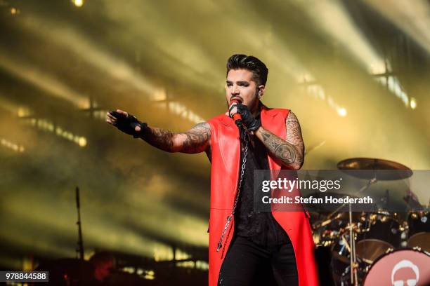 Singer Adam Lambert performs with Queen live on stage during a concert at Mercedes-Benz Arena on June 19, 2018 in Berlin, Germany.