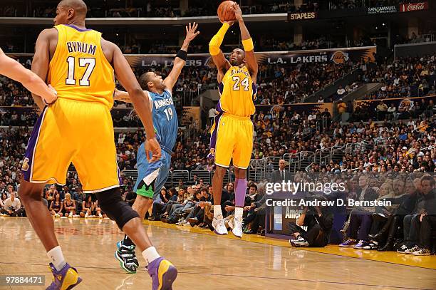 Kobe Bryant of the Los Angeles Lakres shoots against Wayne Ellington of the Minnesota Timberwolves at Staples Center on March 19, 2010 in Los...