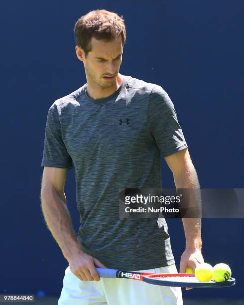 Andy Murray practicing before his first game against Nick Kyrgios during Fever-Tree Championships at The Queen's Club, London, on 18 June 2018