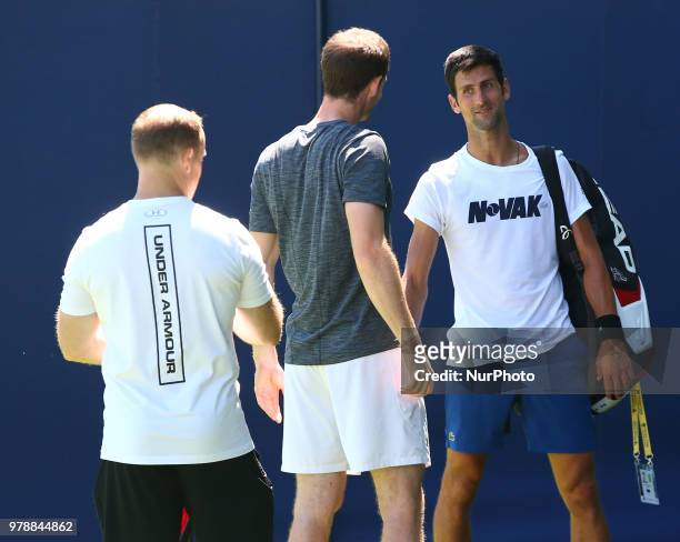 Andy Murray practicing before his first game against Nick Kyrgios during Fever-Tree Championship at The Queen's Club, London, on 18 June 2018