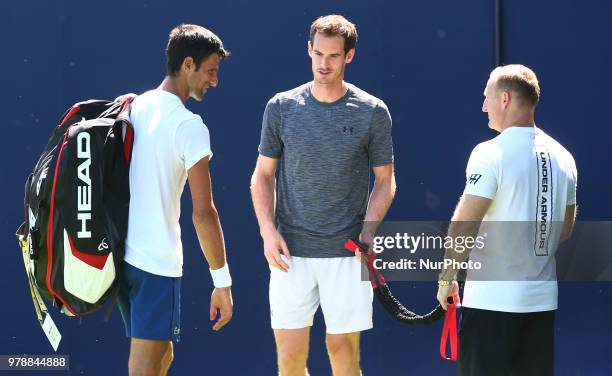 Andy Murray practicing before his first game against Nick Kyrgios during Fever-Tree Championship at The Queen's Club, London, on 18 June 2018