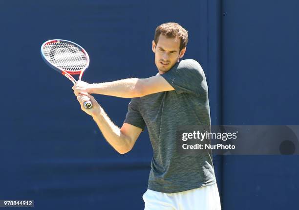 Andy Murray practicing before his first game against Nick Kyrgios during Fever-Tree Championship at The Queen's Club, London, on 18 June 2018