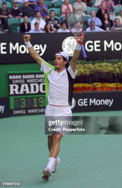 Tommy Haas of Germany celebrates after winning his quarter-final match on Day 10 of the Australian Open at Melbourne Park on January 24, 2007.
