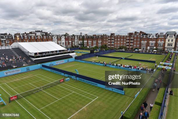 View of the Centre Court and training courts on day two of Fever Tree Championships at Queen's Club, London on June 19, 2018.