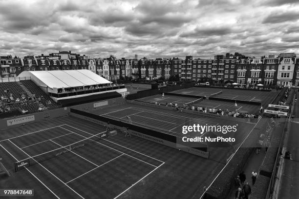 View of the Centre Court and training courts on day two of Fever Tree Championships at Queen's Club, London on June 19, 2018.