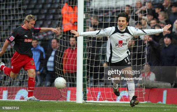 Vincenzo Montella of Fulham celebrates after scoring the opening goal during the FA Cup 4th round match between Fulham and Stoke City at Craven...