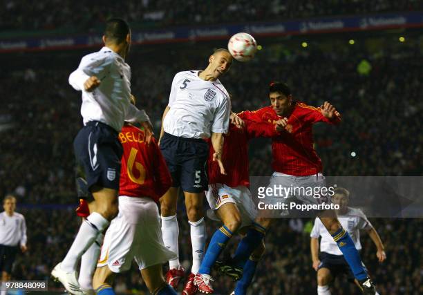 Rio Ferdinand of England in action during the International friendly match between England and Spain at Old Trafford in Manchester on February 7,...