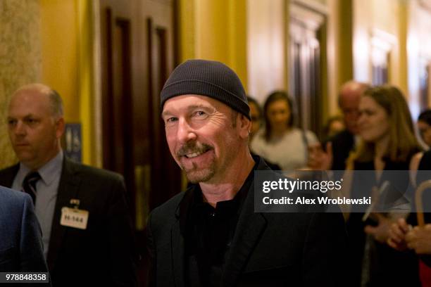 Guitarist 'The Edge' walks through at the U.S. Capitol on June 19, 2018 in Washington, DC. The Edge and singer Bono are meeting with Republican and...