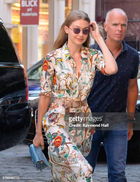 Model Gigi Hadid is seen walking in SoHo on June 19, 2018 in New York City.