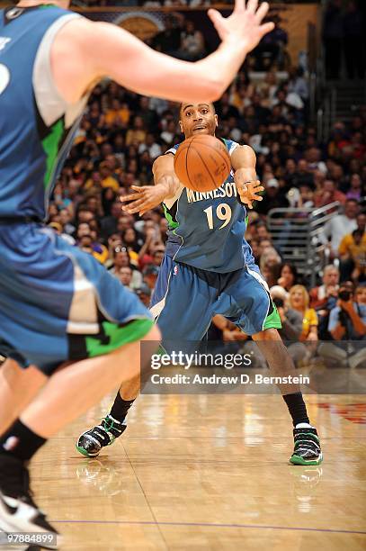 Wayne Ellington of the Minnesota Timberwolves passes during a game against the Los Angeles Lakers at Staples Center on March 19, 2010 in Los Angeles,...